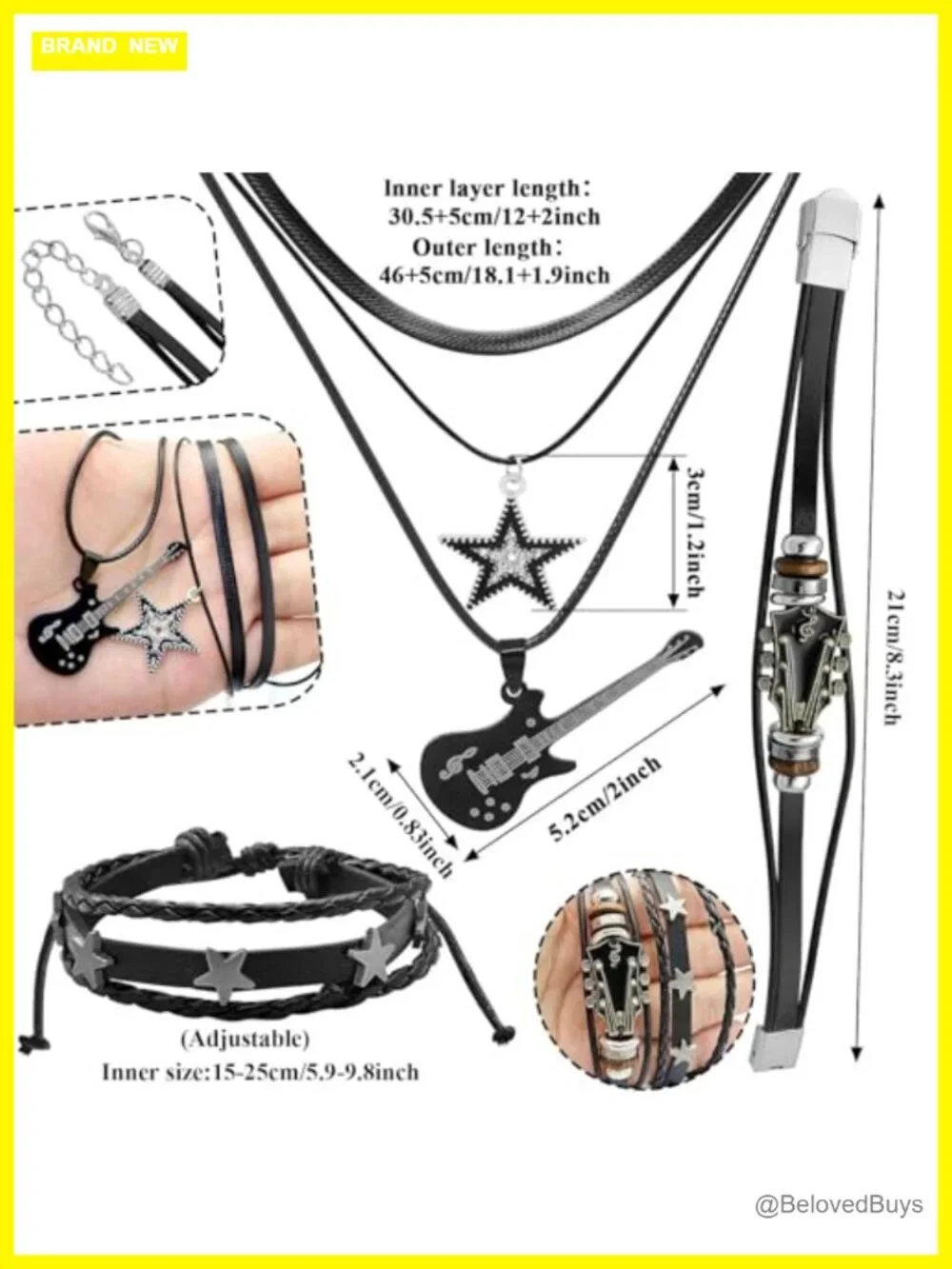 3 Pc Faux Leather Guitar Star Charm Necklace Bracelet Set Y2K Punk